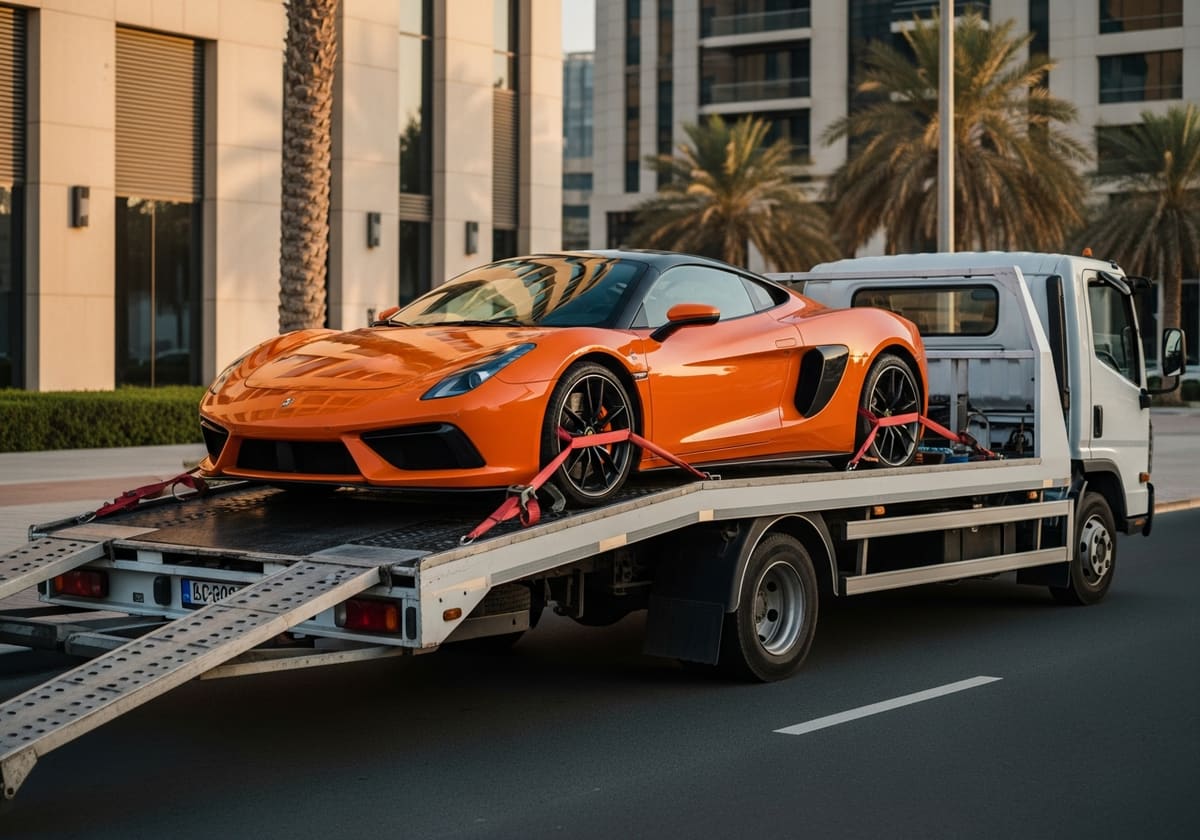 A sports car being loaded onto a flatbed recovery truck in Dubai with soft straps